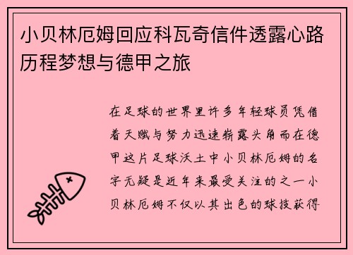 小贝林厄姆回应科瓦奇信件透露心路历程梦想与德甲之旅