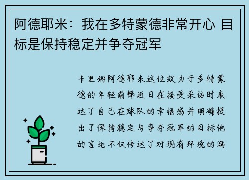 阿德耶米：我在多特蒙德非常开心 目标是保持稳定并争夺冠军